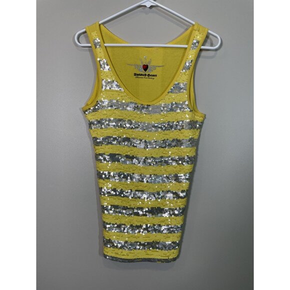 Twisted Heart Sequin Striped Tank Top Yellow Size Medium Y2K Glam Clubwear - Picture 1 of 7